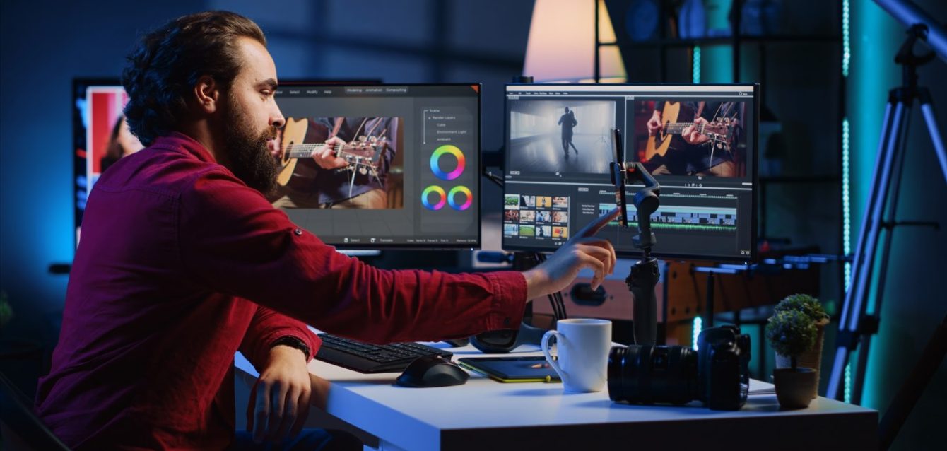 Video editor content creator filming tutorial about professionally editing footage Video editor content creator filming tutorial about professionally editing footage